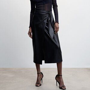Mango Black Leather Effect Midi Wrap Skirt Size Medium NWT